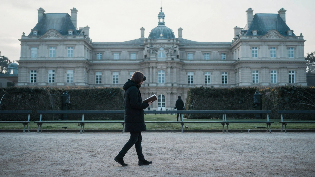 A lone walker in Luxembourg Gardens at dawn, with a faint presence nearby, symbolizing quiet, unspoken connection.
