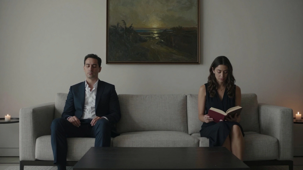 A man and woman sit in silent companionship in a minimalist villa, calm and unspoken connection between them.