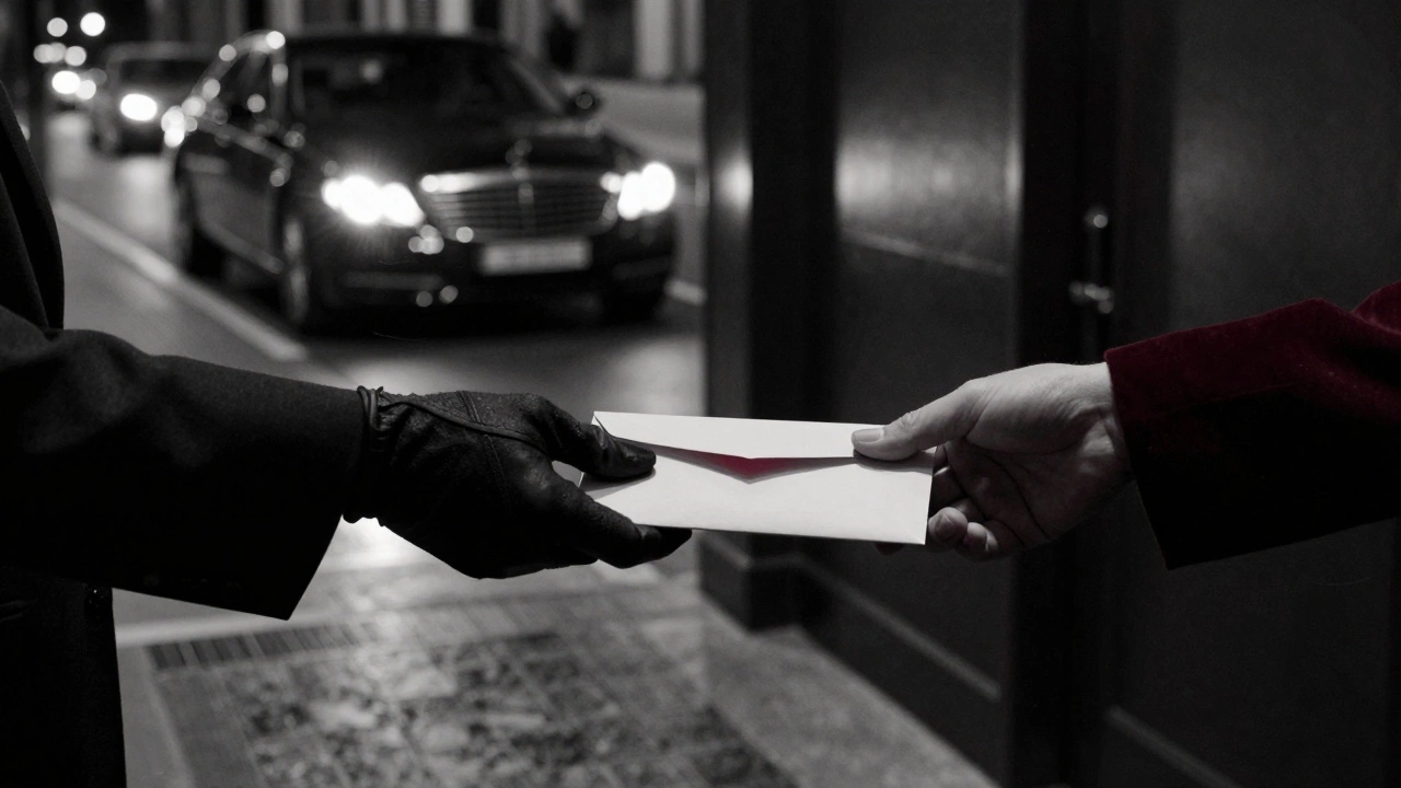 Two hands exchange a sealed envelope in a dark hotel corridor, no faces visible, only shadows and light.